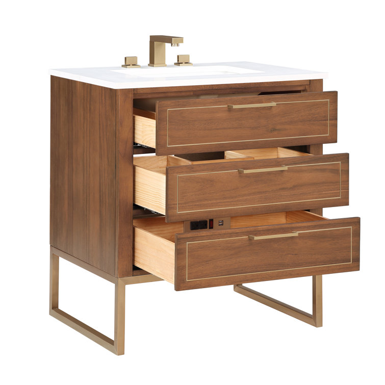Walnut and Satin Brass Single Bathroom Vanity with White Quartz Top