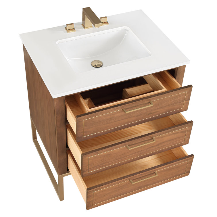 Walnut and Satin Brass Single Bathroom Vanity with White Quartz Top