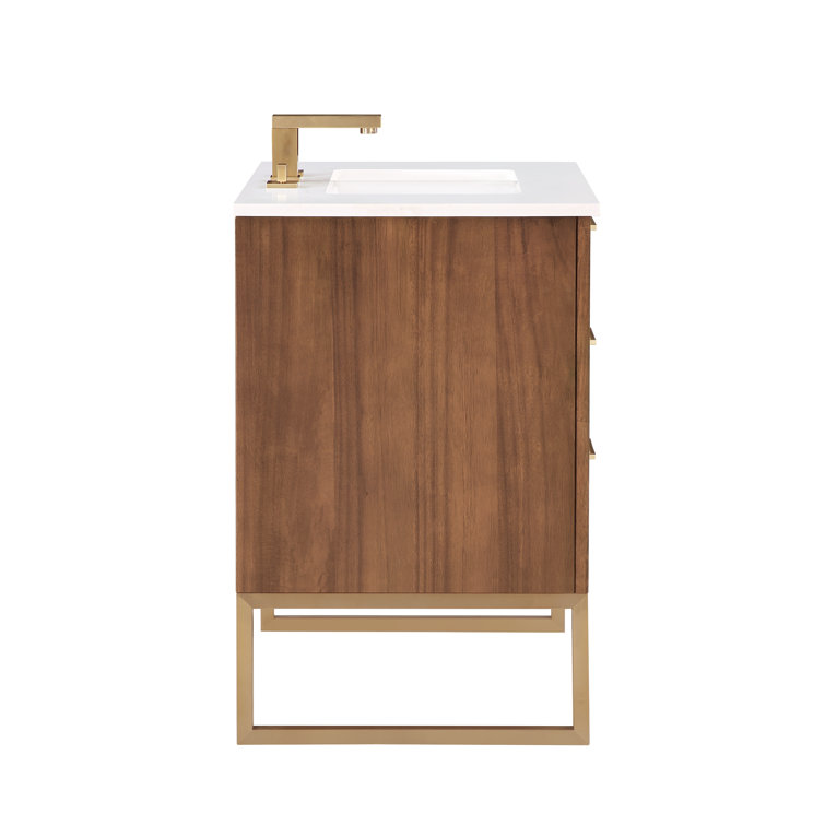 Walnut and Satin Brass Single Bathroom Vanity with White Quartz Top