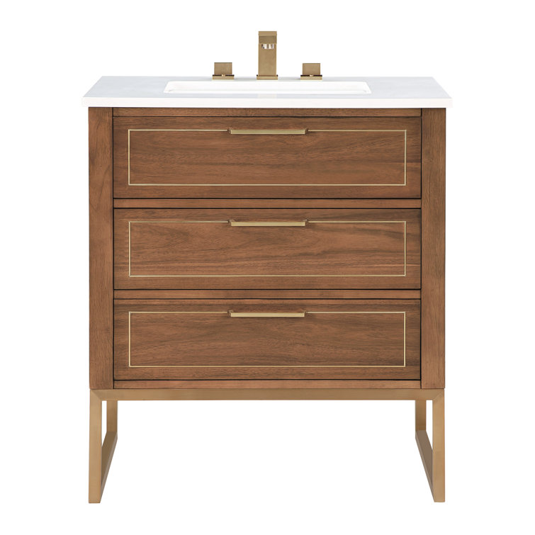 Walnut and Satin Brass Single Bathroom Vanity with White Quartz Top