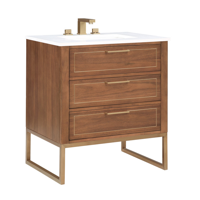 Walnut and Satin Brass Single Bathroom Vanity with White Quartz Top