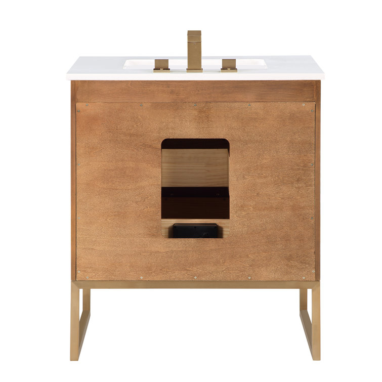 Walnut and Satin Brass Single Bathroom Vanity with White Quartz Top