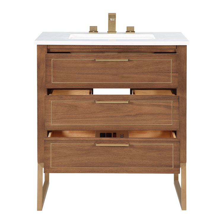 Walnut and Satin Brass Single Bathroom Vanity with White Quartz Top
