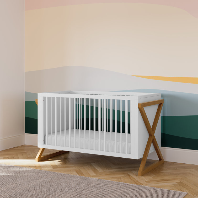 White and Driftwood 3-in-1 Convertible Baby Crib with Adjustable Mattress Support