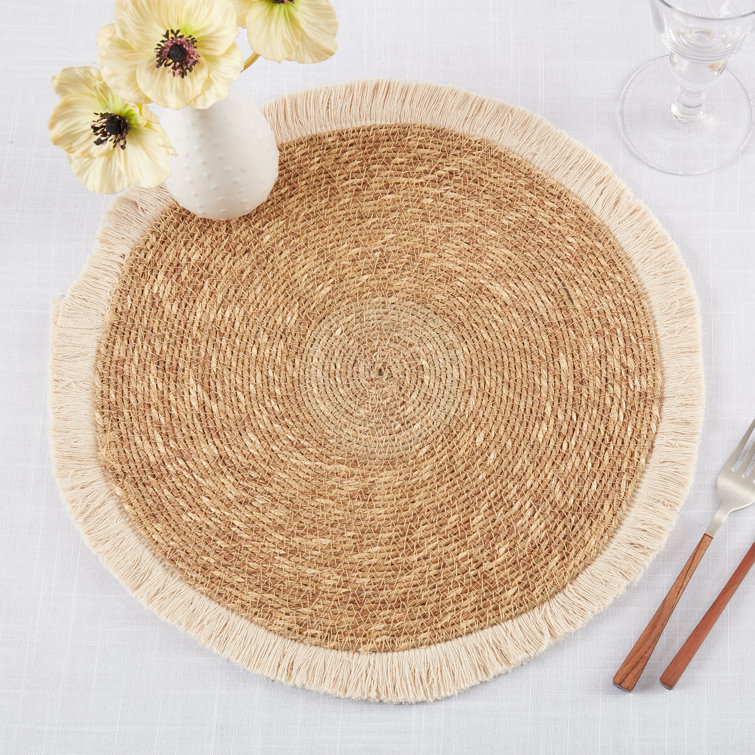 Natural Fringe Border Fabric Table Placemats Set of 4