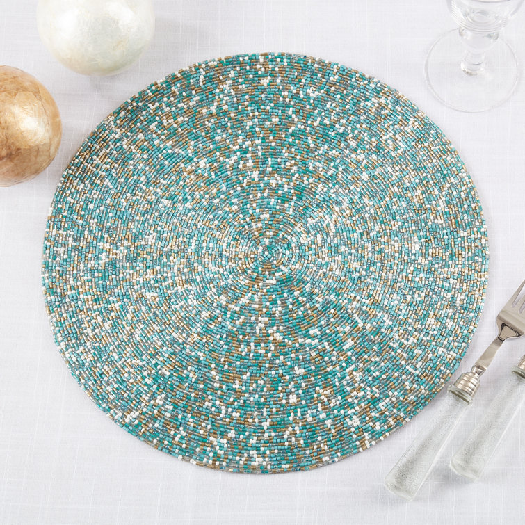 Aqua and Gold Beaded Round Placemats Set of 4
