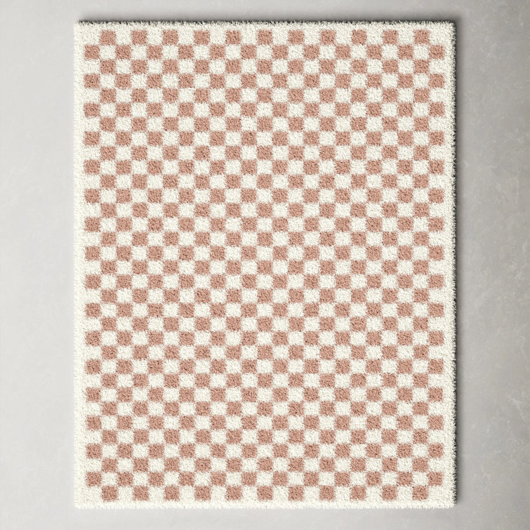 Cream and Pink Checkered Shag Synthetic Area Rug 6'7" x 9'