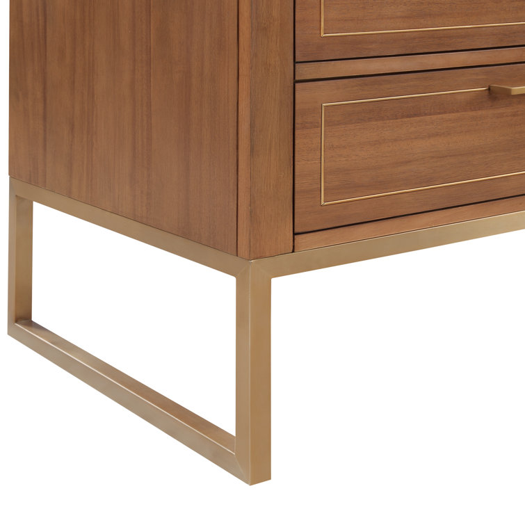 Walnut and Satin Brass Single Bathroom Vanity with White Quartz Top