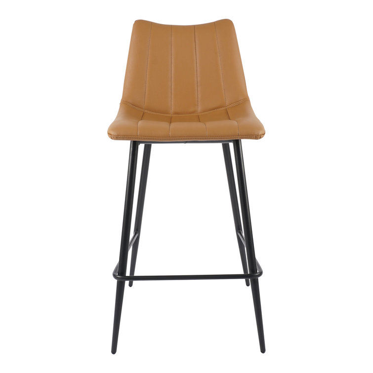 Brown Faux Leather Low Back Counter Stools with Steel Frame, Set of 2