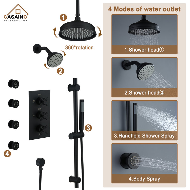 Matte Black Adjustable Dual Shower Head System with Body Jets