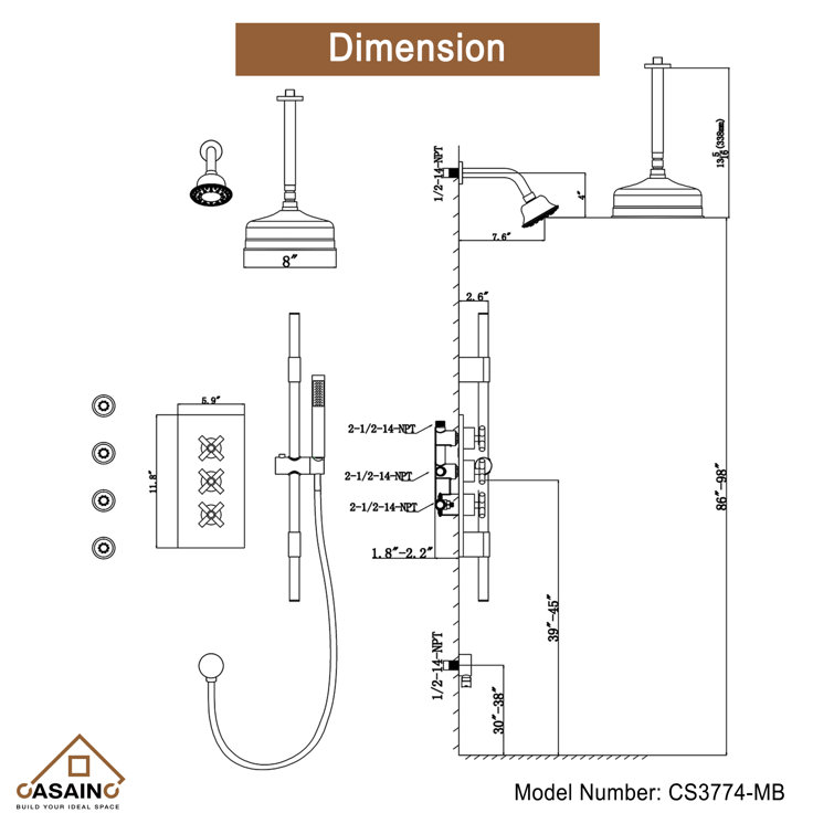 Matte Black Adjustable Dual Shower Head System with Body Jets