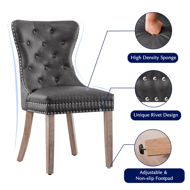 Gray Tufted Faux Leather Dining Chairs with Wood Legs, Set of 4