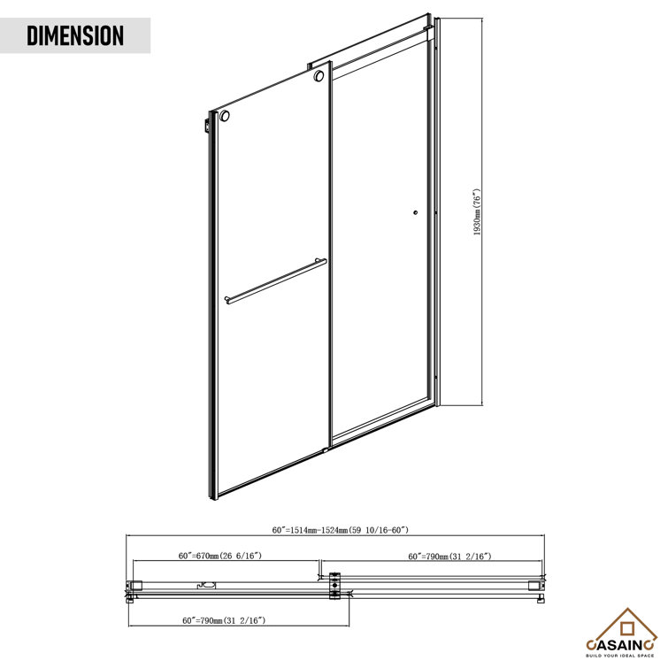 60" W x 76" H Frameless Double Sliding Glass Shower Door