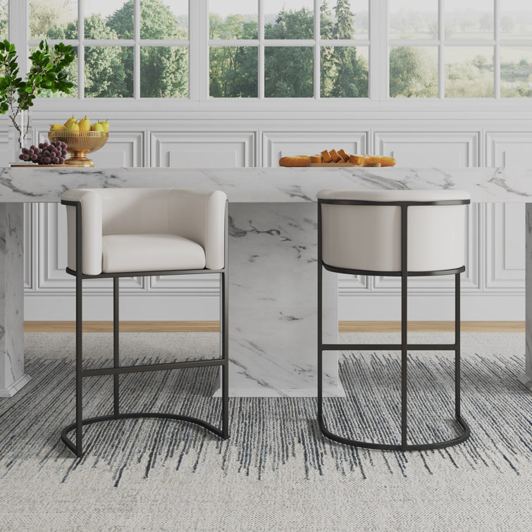 Gray Upholstered Metal Frame Barrel Bar Stool