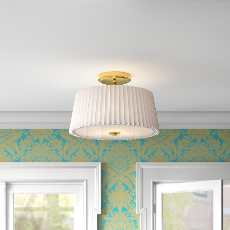 White Pleated Fabric Drum Flush Mount with Brass Gold Accents