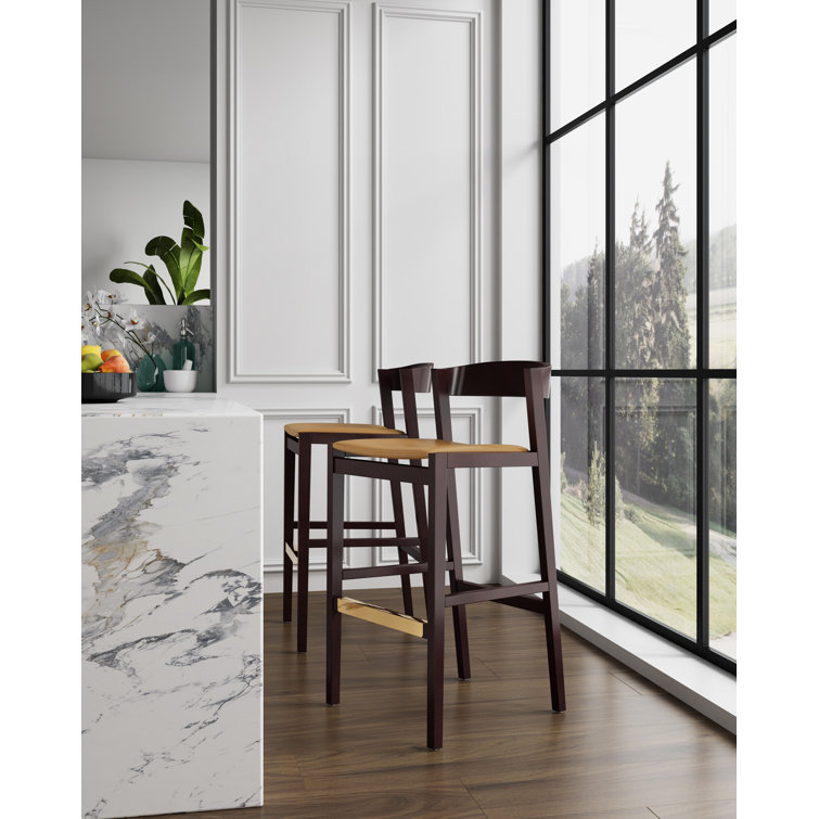 Camel Faux Leather and Dark Walnut Beech Wood Barstools, Set of 2