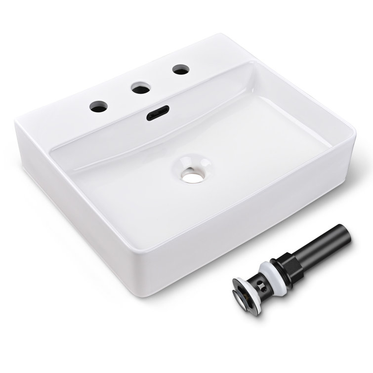 White Ceramic Rectangular Wall-Mount Vessel Sink