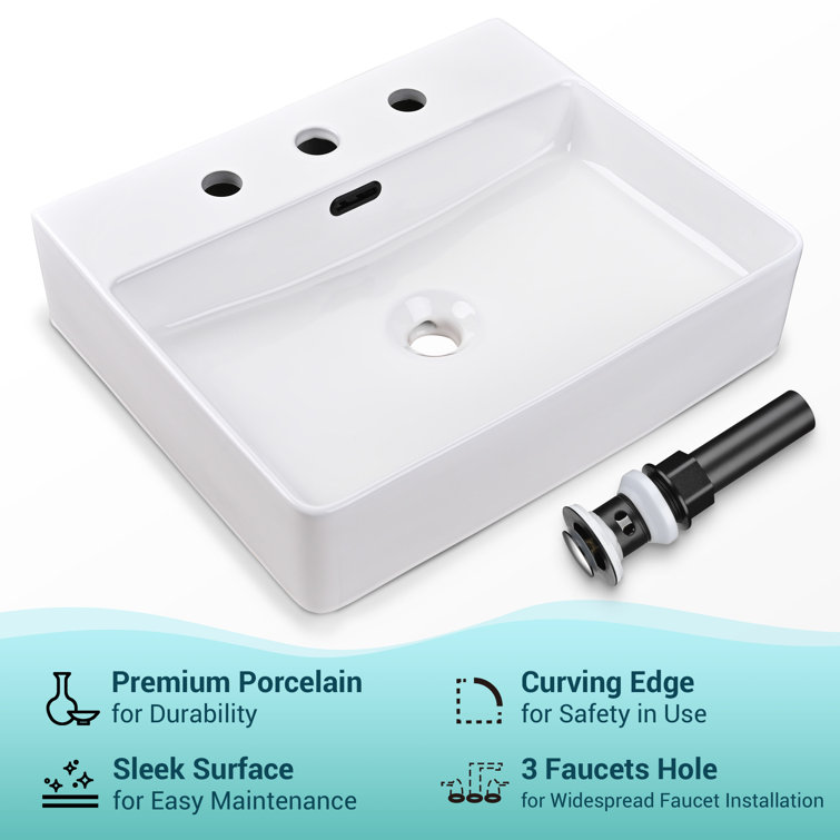 White Ceramic Rectangular Wall-Mount Vessel Sink