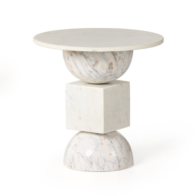 Polished White Marble Pedestal Round End Table