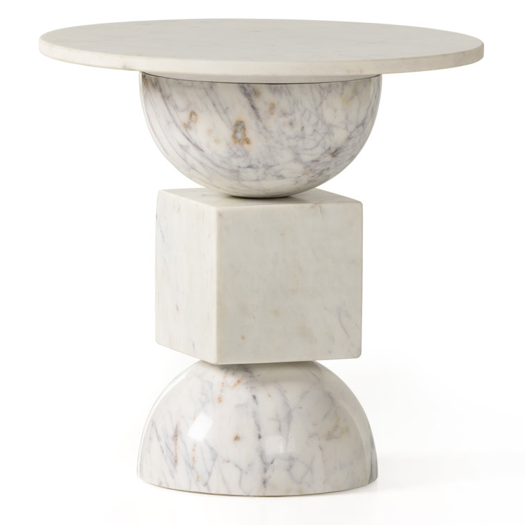 Polished White Marble Pedestal Round End Table