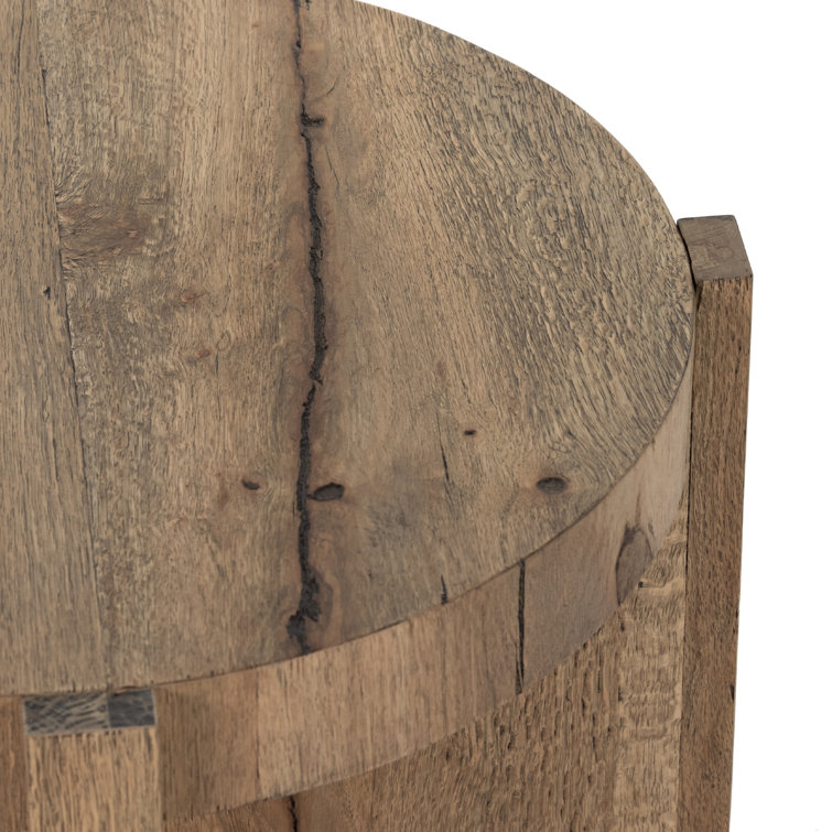 Rustic Oak Veneer Round Bingham End Table with Metal Accents