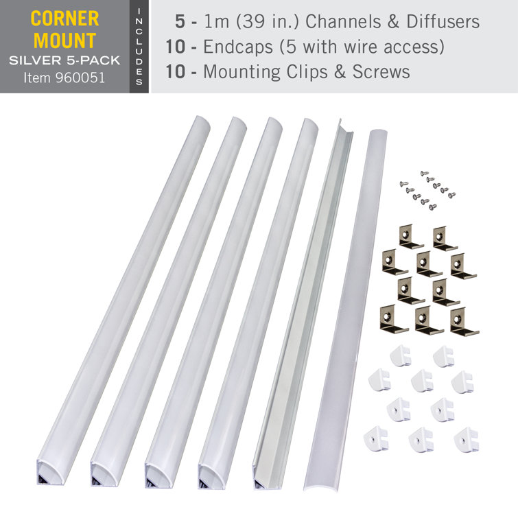 Silver Corner Mount LED Tape Light Channel with Diffuser, 5-Pack