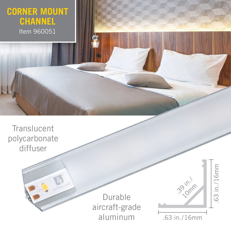 Silver Corner Mount LED Tape Light Channel with Diffuser, 5-Pack