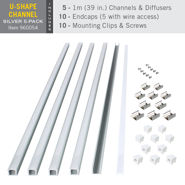 Silver Deep Surface Mount LED Tape Light Channel 5-Pack