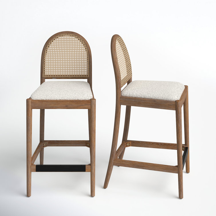 Ivory White Boucle and Oak Curved Bar Stools, Set of 2