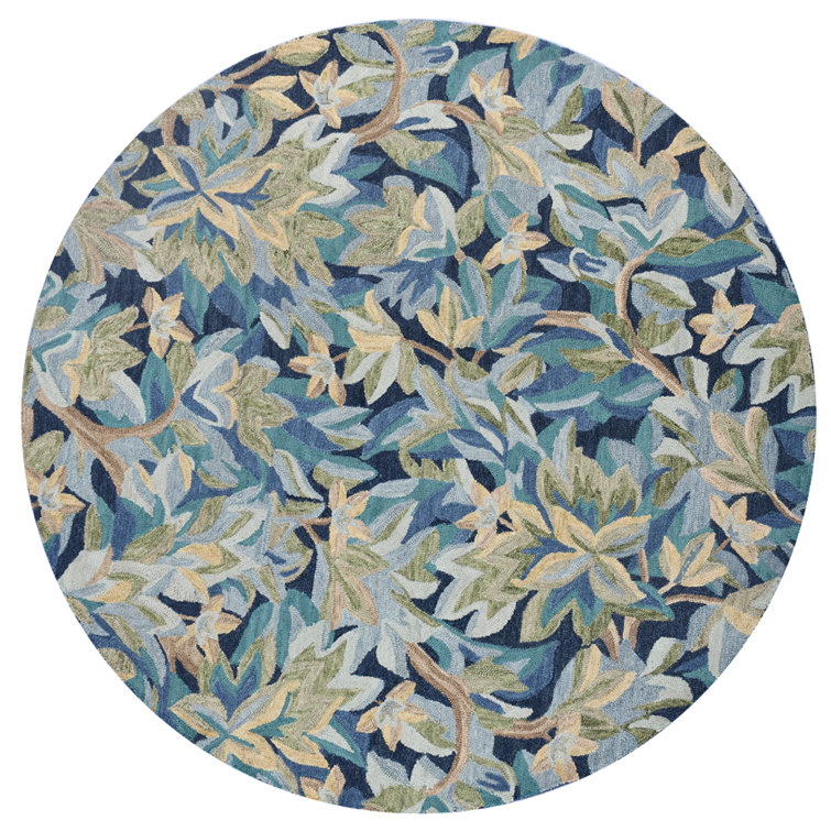Handmade Blue Wool Botanical Round Area Rug, 7'