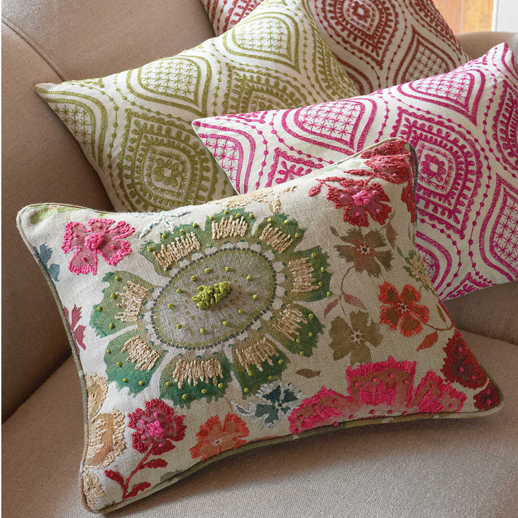 Floral Embroidered Linen Lumbar Pillow with Piped Edges