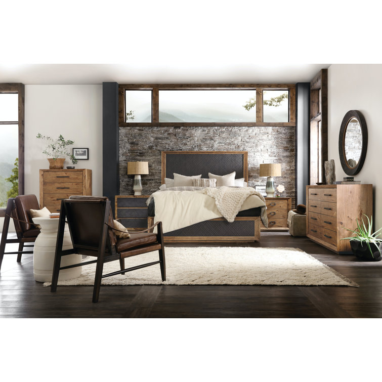 Big Sky King Bed with Charcoal Furrowed Bark Headboard and Pecky Hickory Veneers