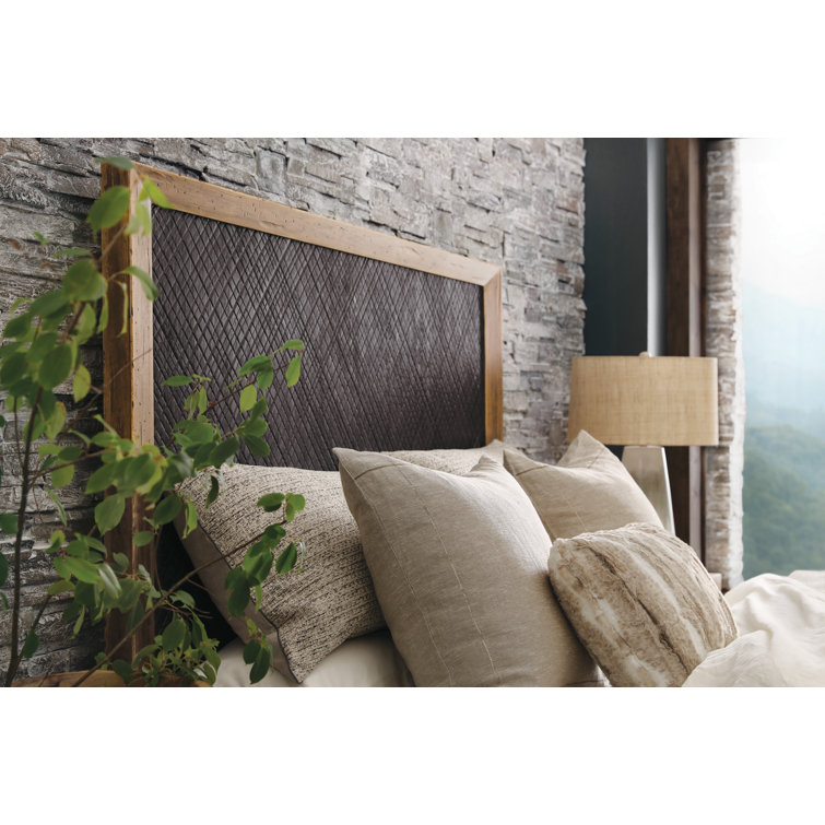 Big Sky King Bed with Charcoal Furrowed Bark Headboard and Pecky Hickory Veneers