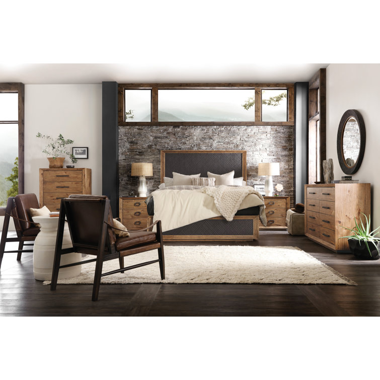 Big Sky King Bed with Charcoal Furrowed Bark Headboard and Pecky Hickory Veneers