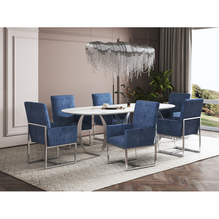Luxurious Blue Velvet Upholstered High-Back Metal Armchair