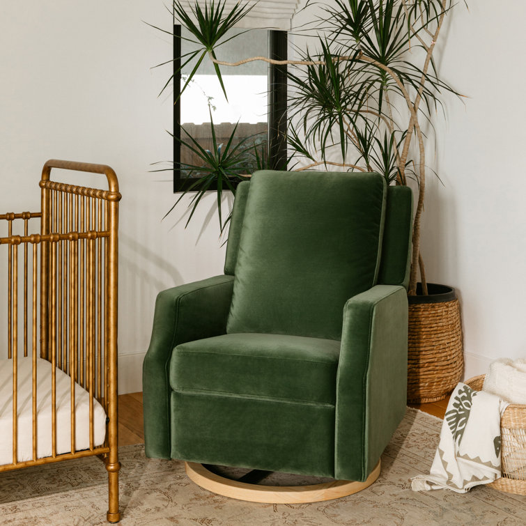 Tan Gingham Velvet Swivel Recliner with Light Wood Base