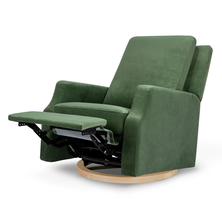 Forest Green Velvet Swivel Recliner with Light Wood Base