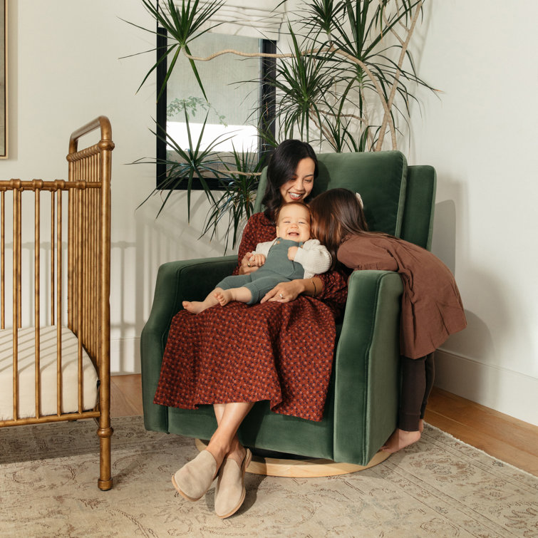 Tan Gingham Velvet Swivel Recliner with Light Wood Base