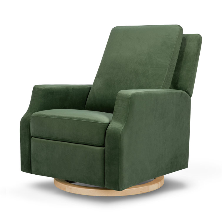 Forest Green Velvet Swivel Recliner with Light Wood Base