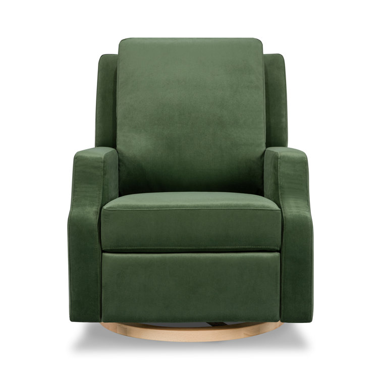 Forest Green Velvet Swivel Recliner with Light Wood Base