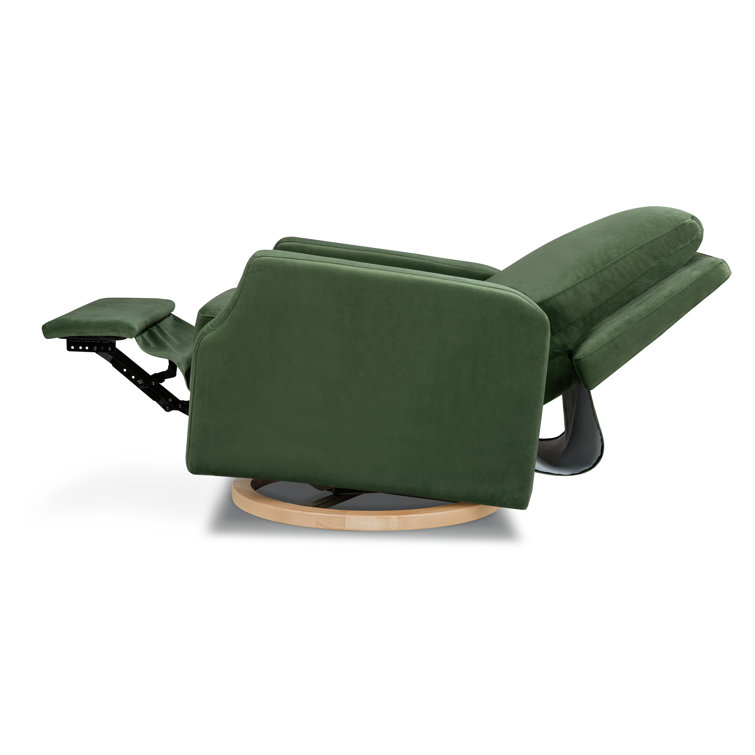 Forest Green Velvet Swivel Recliner with Light Wood Base