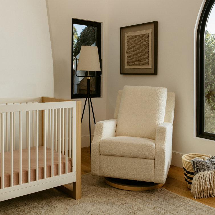 Tan Gingham Velvet Swivel Recliner with Light Wood Base
