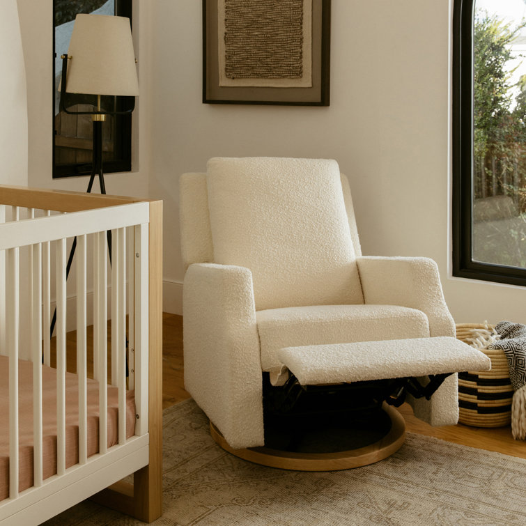 Tan Gingham Velvet Swivel Recliner with Light Wood Base