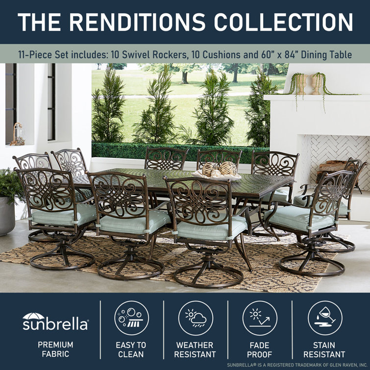 Bronze Finish Cast-Aluminum Dining Set with Blue Sunbrella Cushions - 11 Pieces