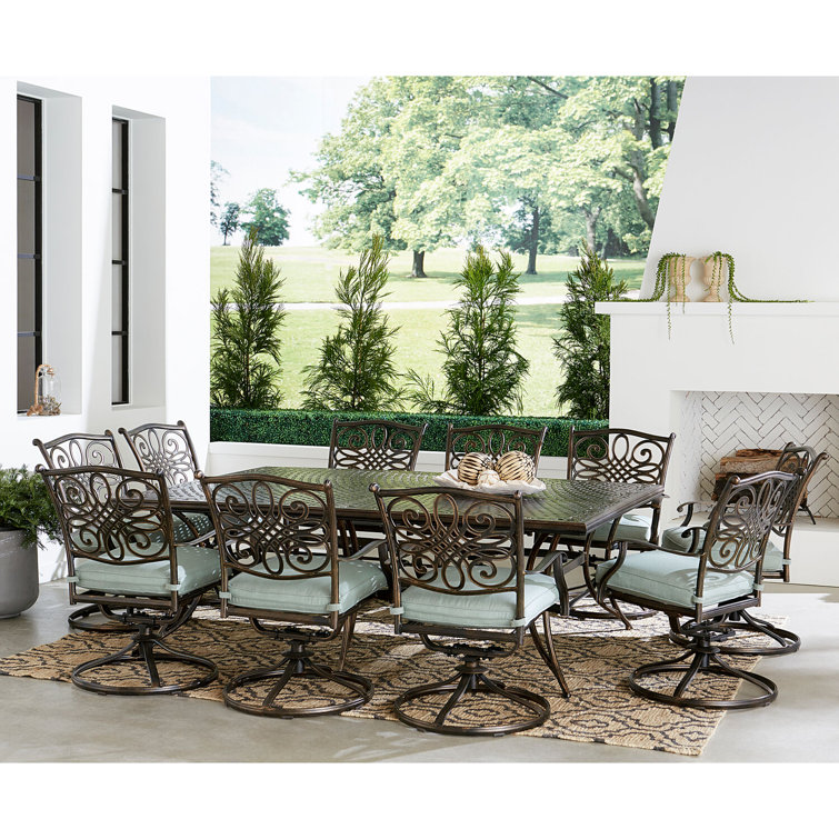 Bronze Finish Cast-Aluminum Dining Set with Blue Sunbrella Cushions - 11 Pieces