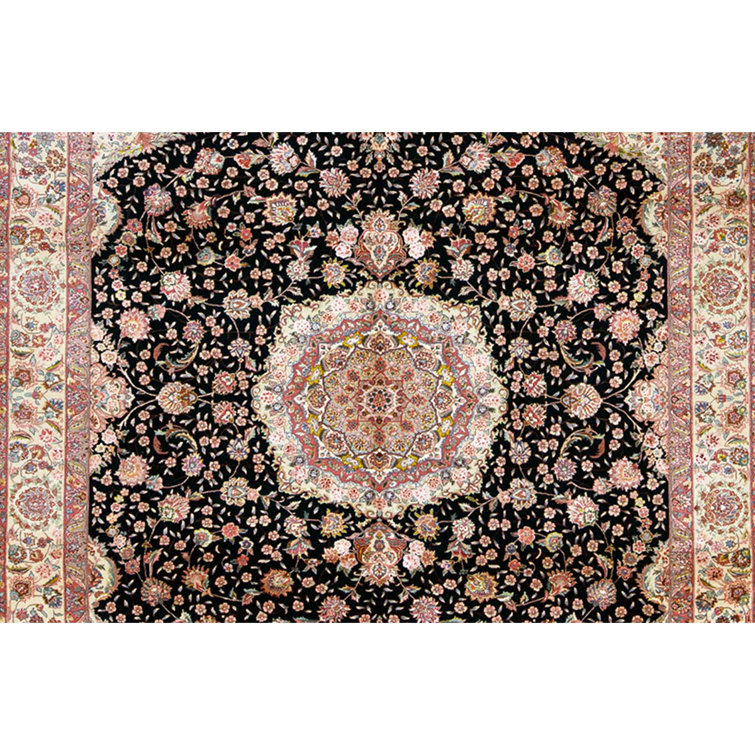 Hand-Knotted Black and Beige Wool Silk Medallion Rug 8' x 10'