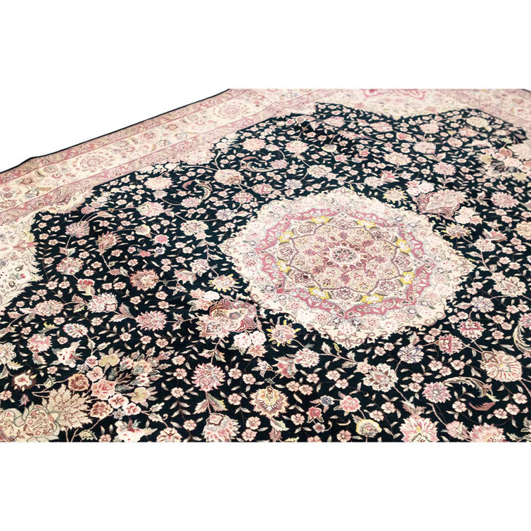Hand-Knotted Black and Beige Wool Silk Medallion Rug 8' x 10'