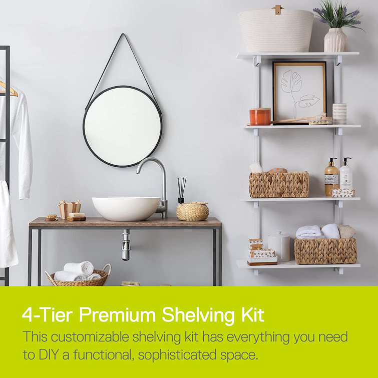 White 4-Tier Floating Wall Shelves with Light Oak Finish