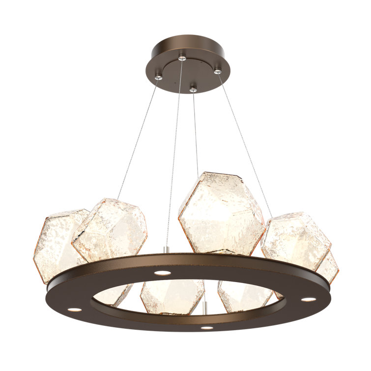 Flat Bronze Drum Chandelier with Amber Glass Shades
