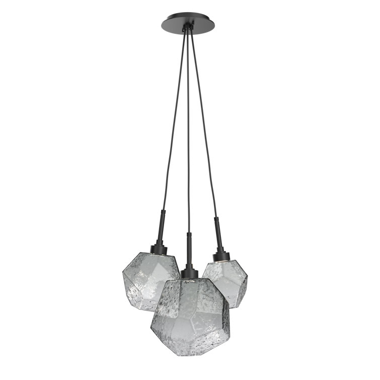 Smoke Glass Gem 3-Light LED Cluster Pendant in Gilded Brass